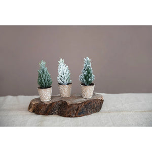 Round Faux Pine Tree in Paper Pot Ice Finish