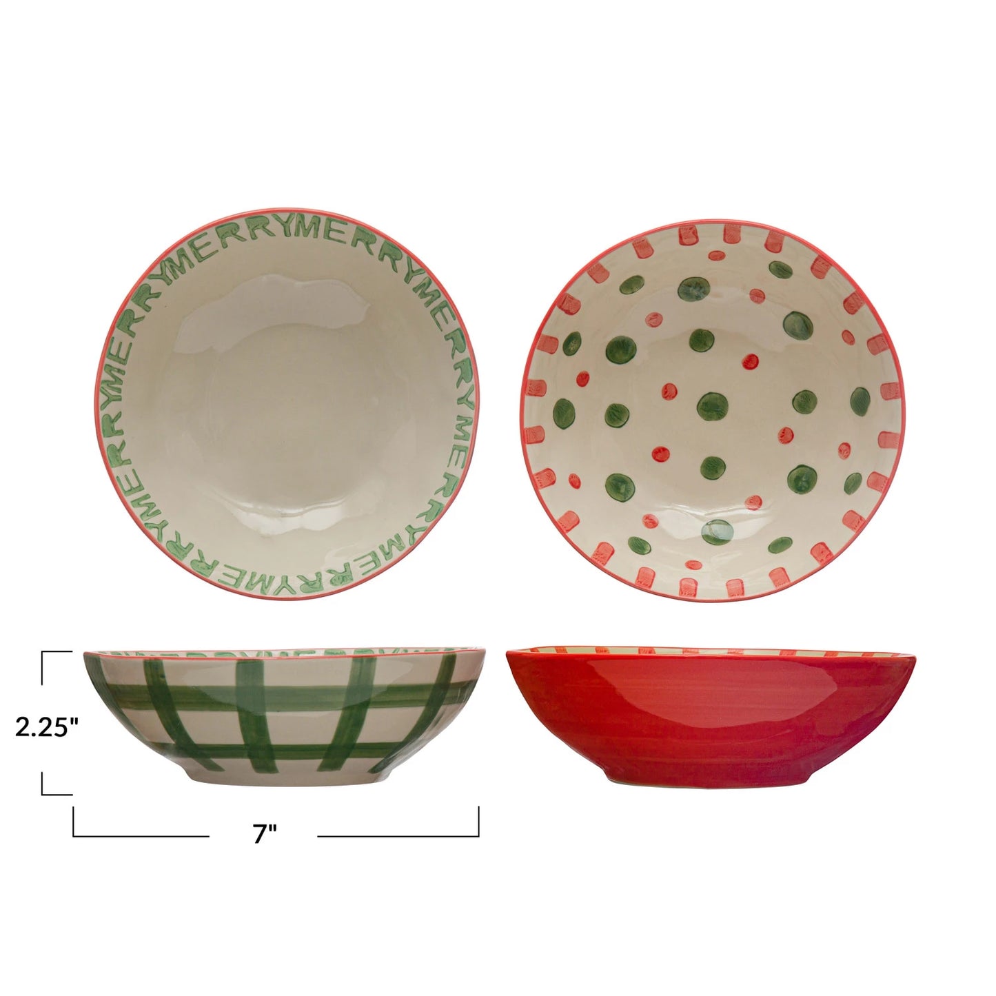 Hand-Painted Holiday Stoneware Bowl, Red & Green