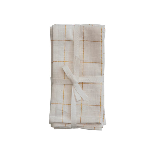 Cotton Napkins with Grid Pattern and Metallic Gold Thread, Set of 4