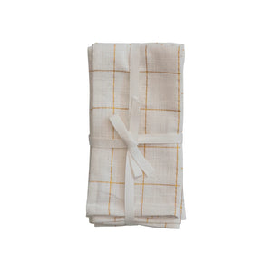 Square Cotton Napkins with Grid Pattern & Metallic Gold Thread, Set of 4