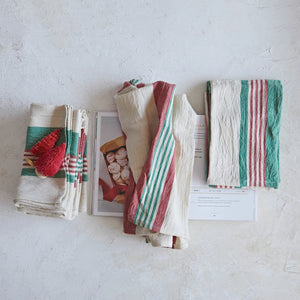 Cotton Printed Tea Towels with Red & Green Stripes, Set of 2