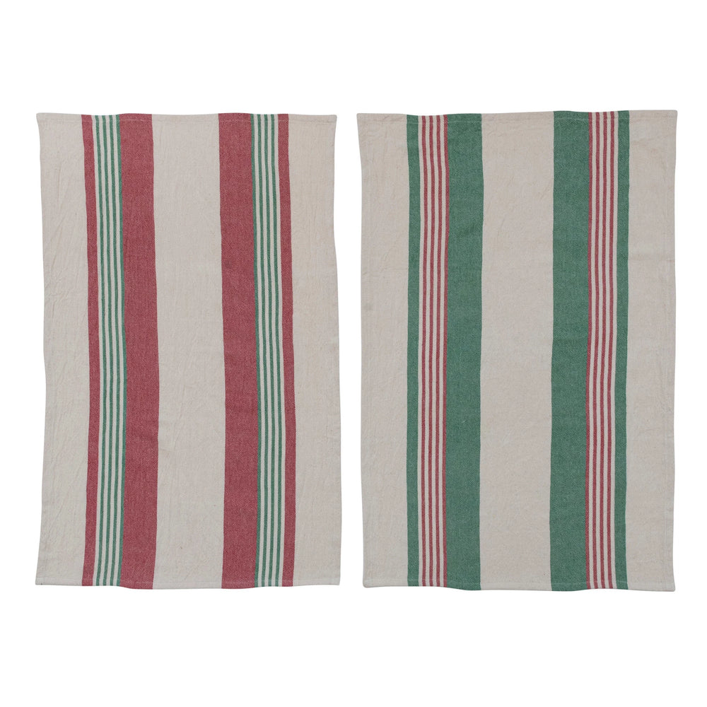 Cotton Printed Tea Towels with Red & Green Stripes, Set of 2