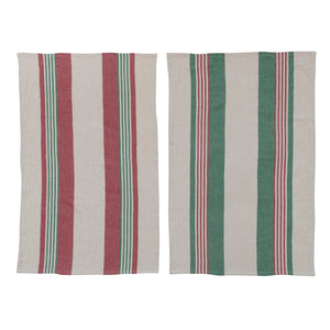 Cotton Printed Tea Towels with Red & Green Stripes, Set of 2