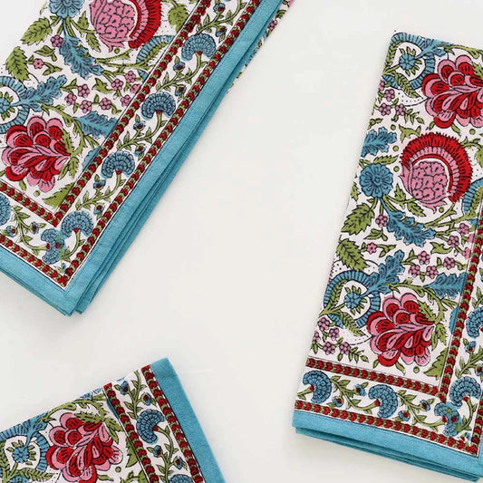 Pomegranate Bohemian Floral Turquoise & Cranberry Napkin - 4 PC