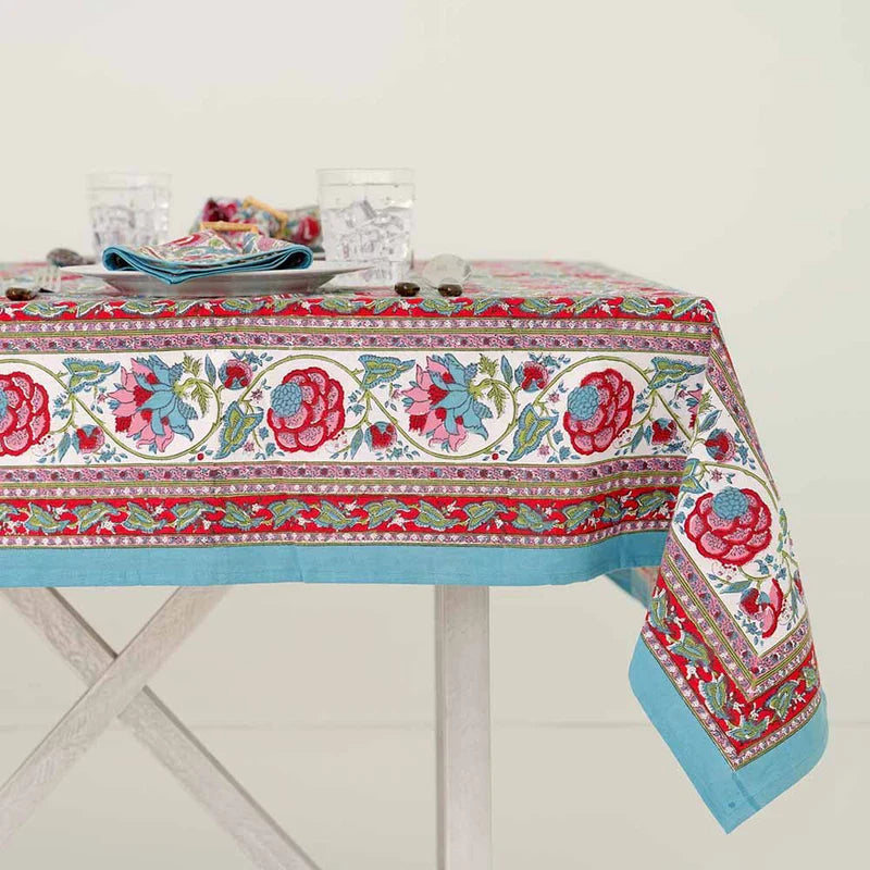 Pomegranate Bohemian Floral Turquoise & Cranberry Tablecloth