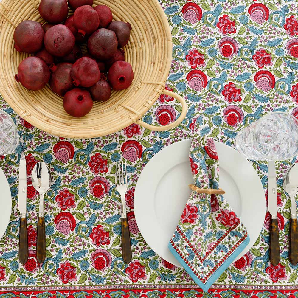 Pomegranate Bohemian Floral Turquoise & Cranberry Tablecloth