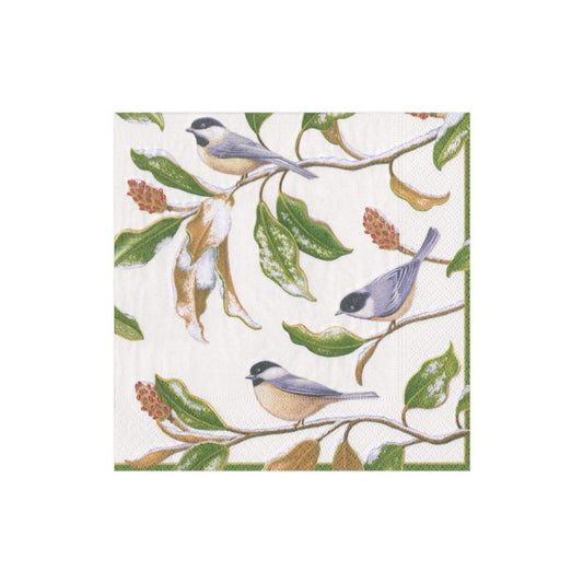 Caspari Chickadee and Magnolia Ivory Cocktail Napkins, Set of 20
