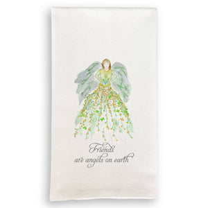 Green Floral Angel with Friends Quote Dishtowel