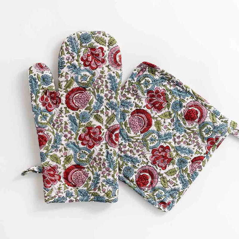 Pomegranate Bohemian Floral Turquoise & Cranberry Oven Mitt Sets