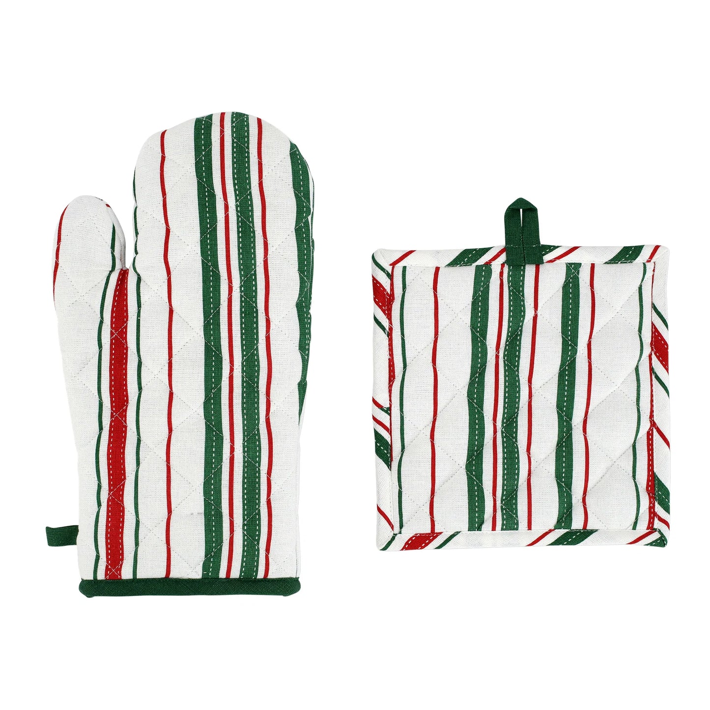 Vietri Bohemian Linens Stripe Oven Mitt & Potholder - Red/Green