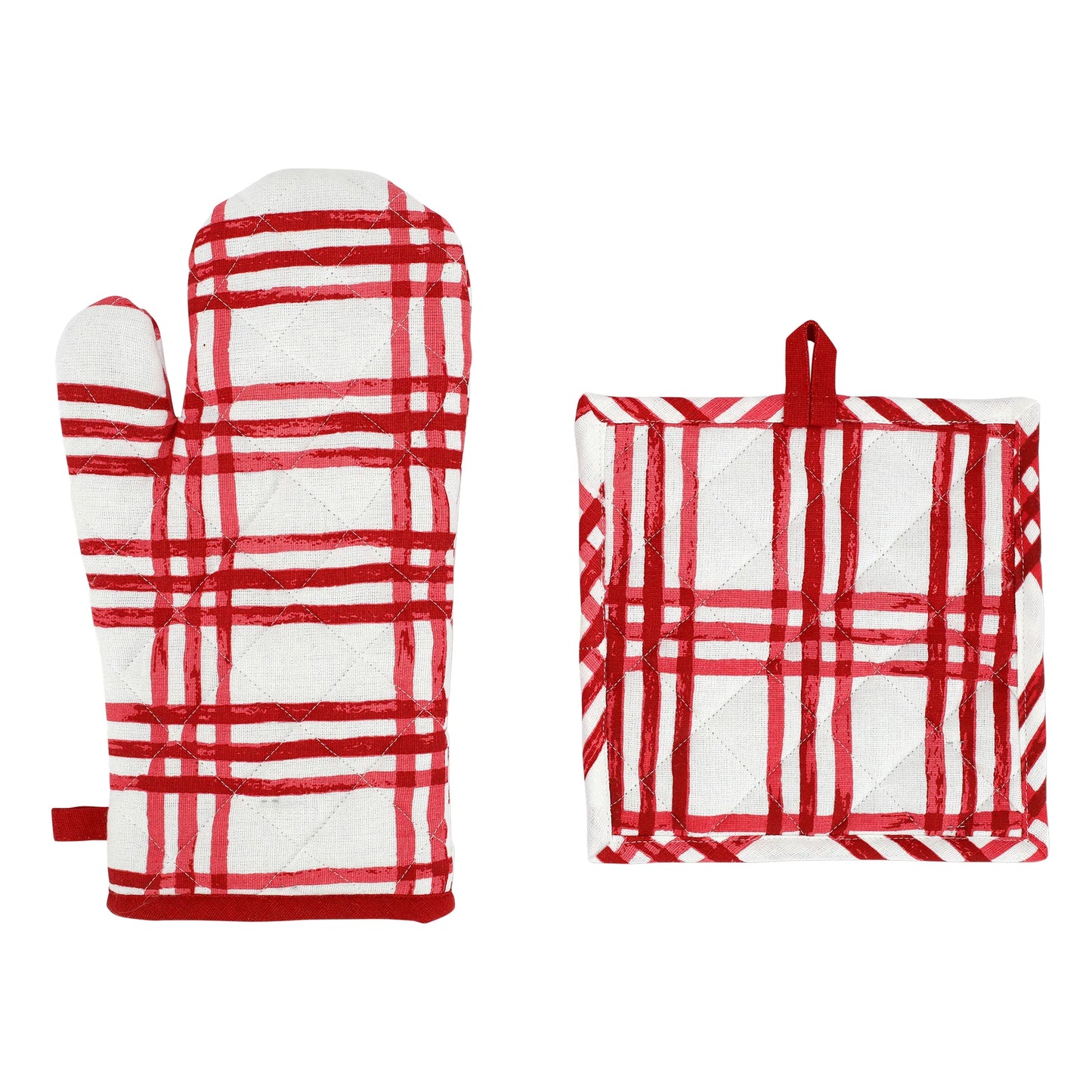 Vietri Bohemian Linens Plaid Oven Mitt & Potholder - Red/White