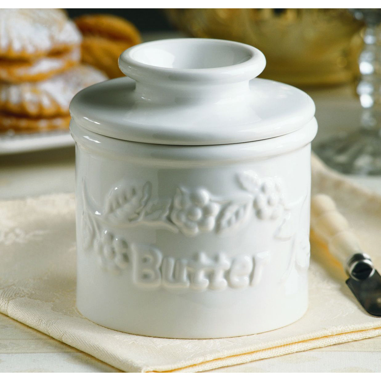 Butter Bell Crock Classic White Raised Floral