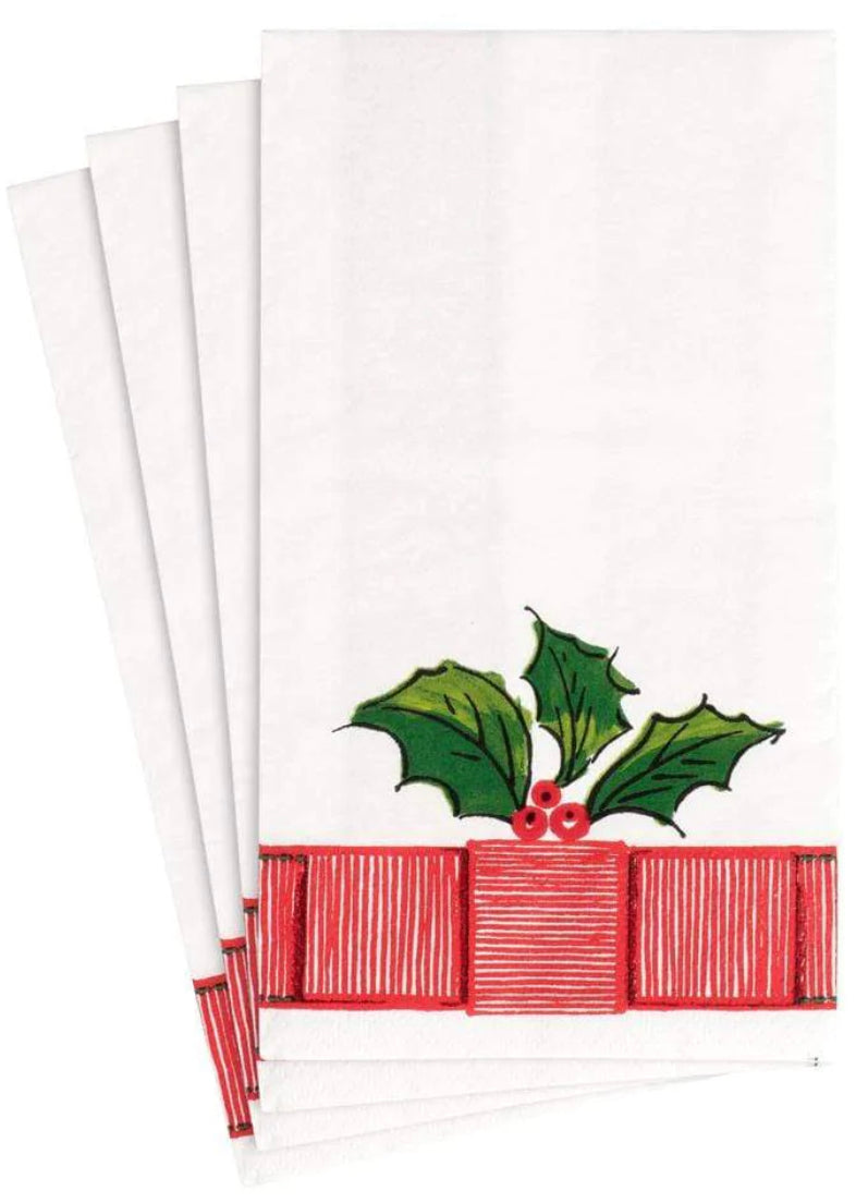 Caspari Ribbon Border Holly Guest Towel Napkins, Set of 15