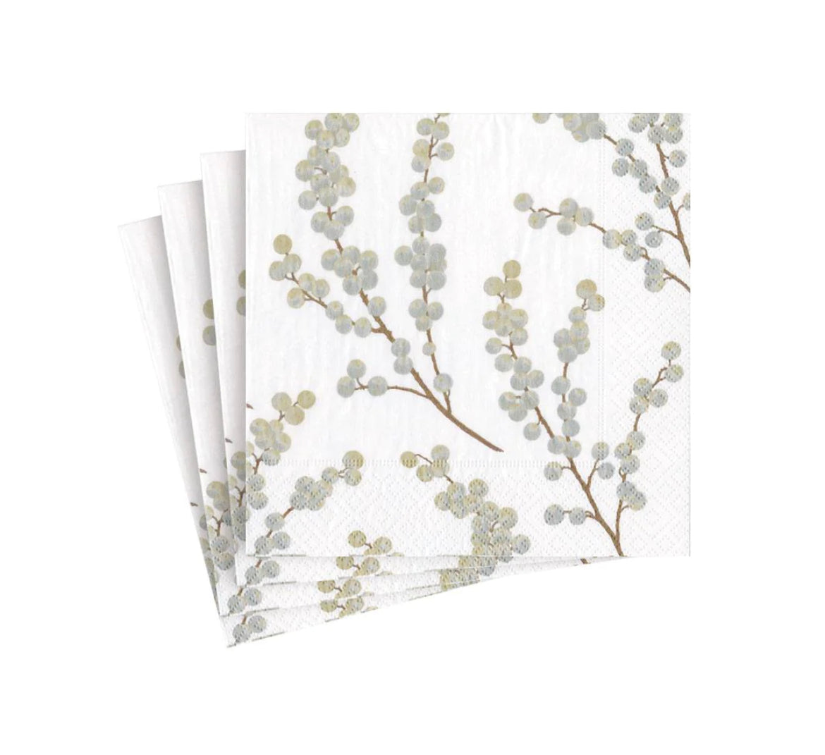 Caspari Berry Branches White/Silver Cocktail Napkins, Set of 20