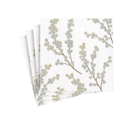 Caspari Berry Branches White/Silver Cocktail Napkins, Set of 20