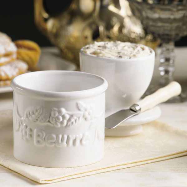 Butter Bell Crock Classic White Raised Floral
